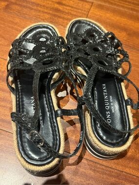 Pons Quintana Black Braided Lace-Up Espadrille Sandals